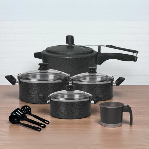 Jogo Conjunto Panelas Alumínio Reforçado Tampa de Vidro 8 peças com Panela de Pressão