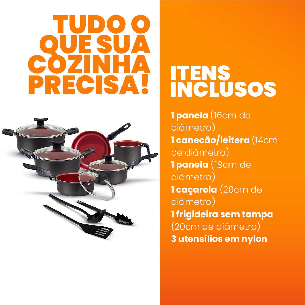 Jogo de Panelas Antiaderente 9 Peças - Preto com Cereja