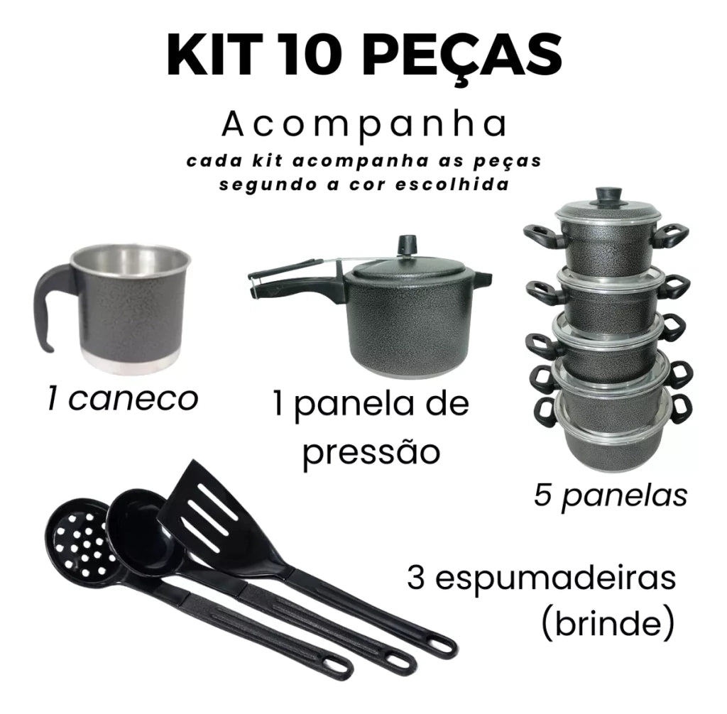Jogo de Panelas Kit 10 Peças Com Panela de Pressão