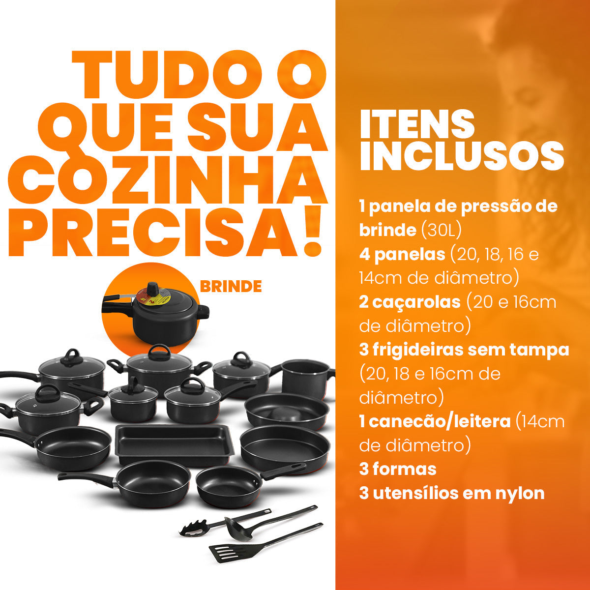 Conjunto De Panelas Antiaderente 17 Peças - Preto