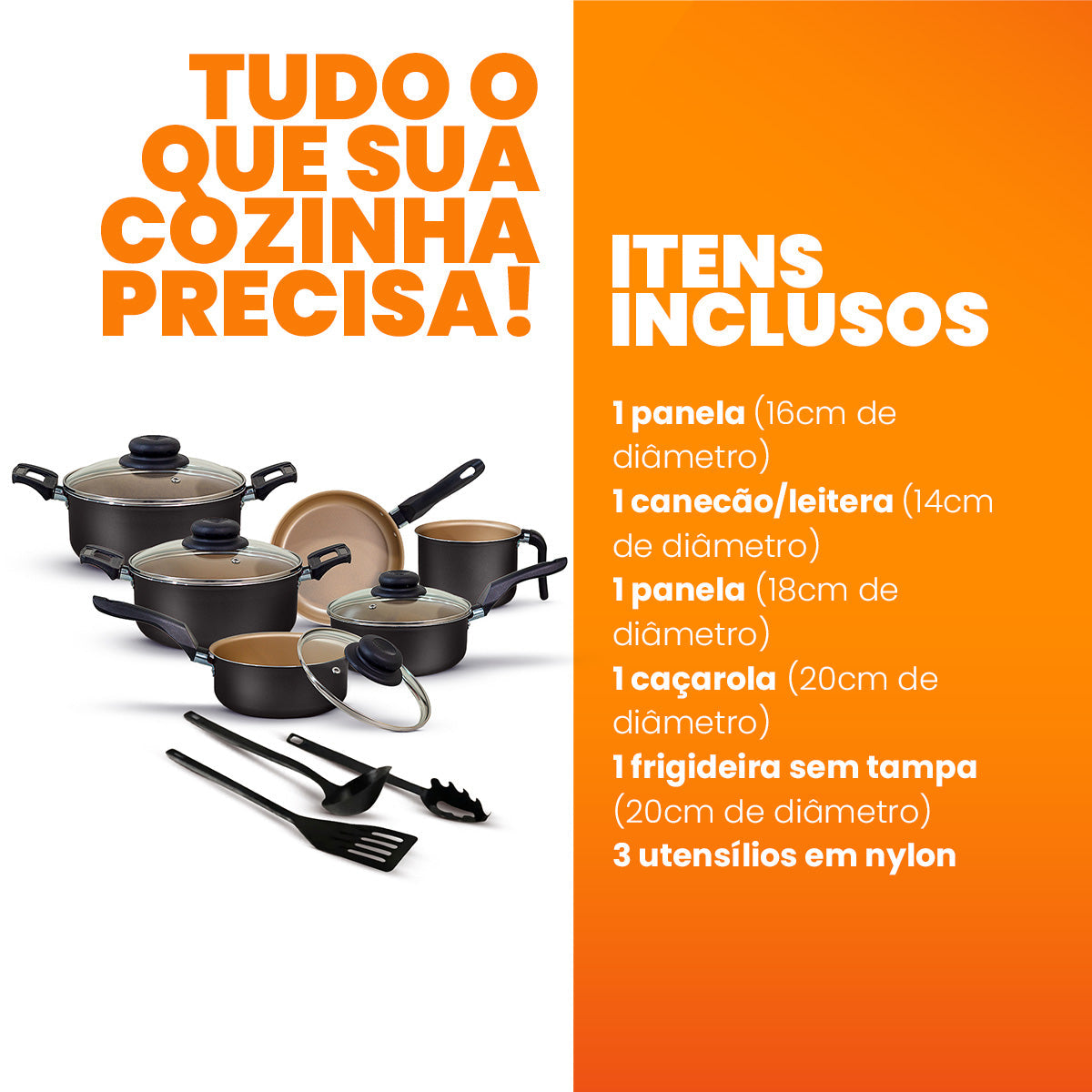 Jogo de Panelas Antiaderente 9 Peças - Preto com Bege