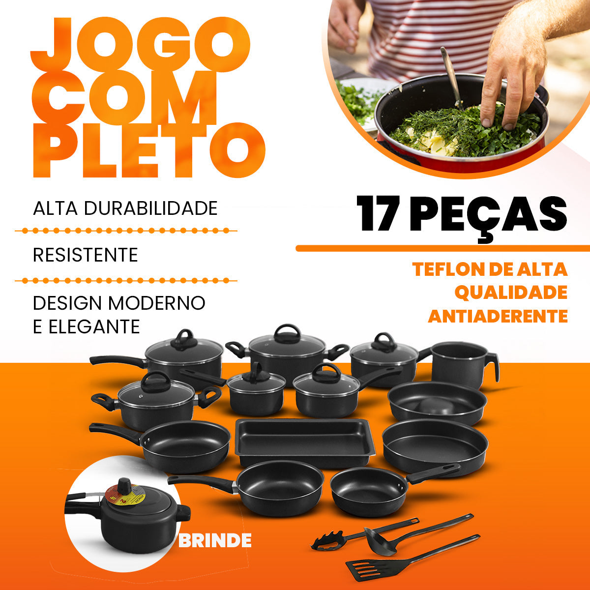 Conjunto De Panelas Antiaderente 17 Peças - Preto