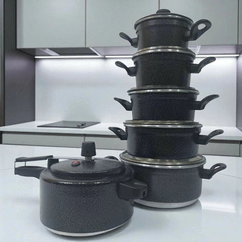 JOGO COM 5 PANELAS EM ALUMÍNIO DE QUALIDADE COM PANELA DE PRESSÃO 2,5 LITROS