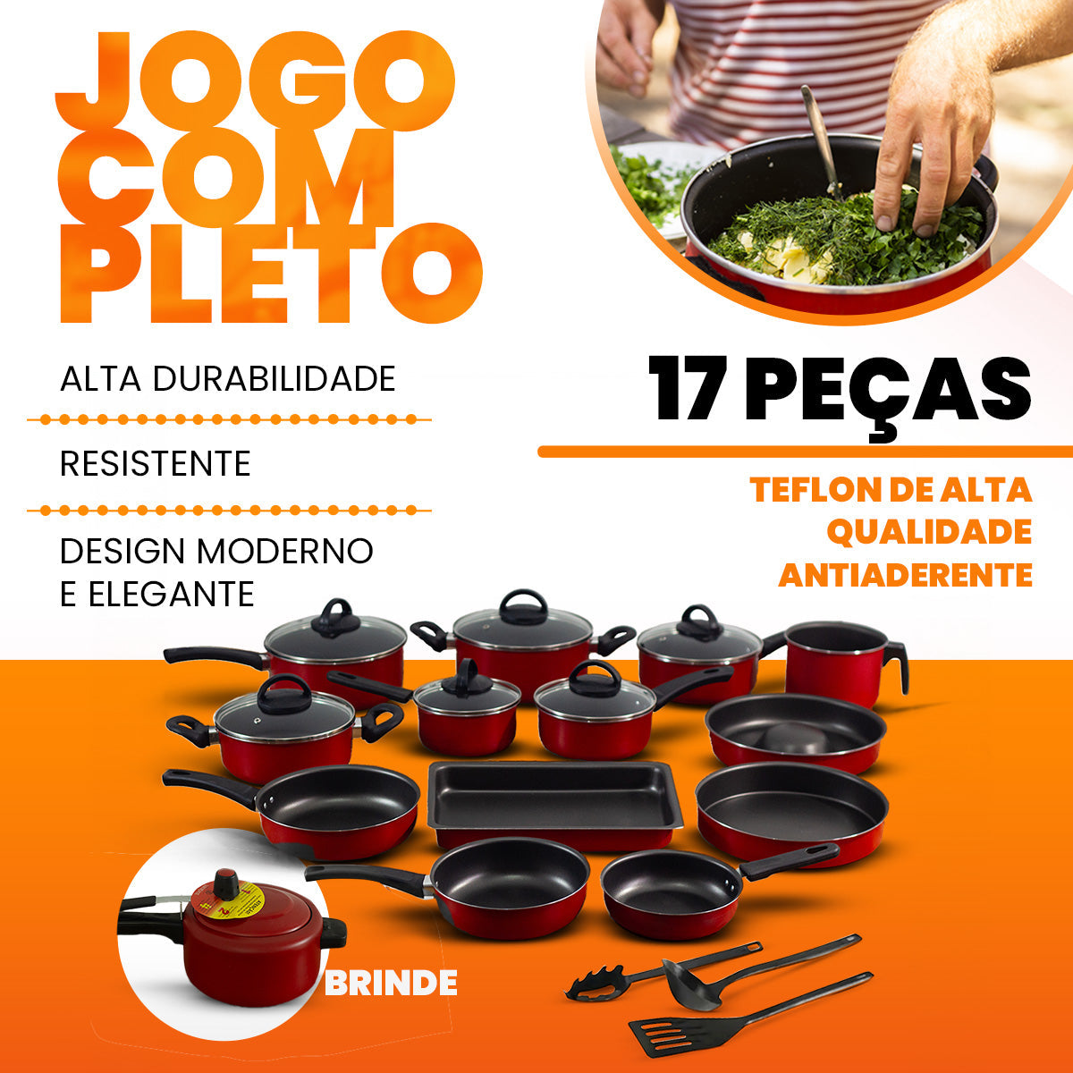 Conjunto De Panelas Antiaderente 17 Peças - Vermelho