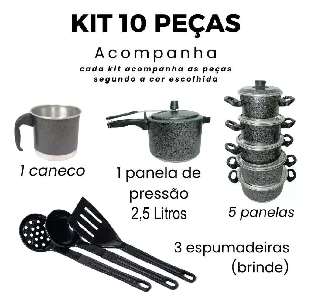 Jogo de Panelas Kit 10 Peças Com Panela de Pressão