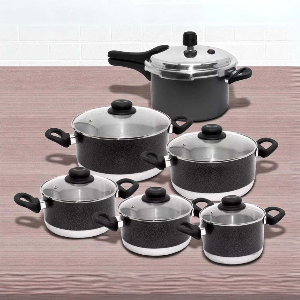 Jogo 6 Peças Com 5 Caçarolas Tampa de Vidro 14/22 + Panela De Pressão Fechamento Externo 4,5 Litros