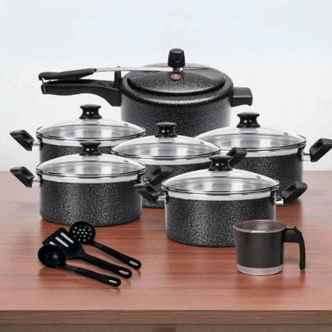 Kit 10 Peças Jogo de Panelas Conjunto Pressão Leiteira e Talhares Alumínio Extra Forte Tampa de Vidro