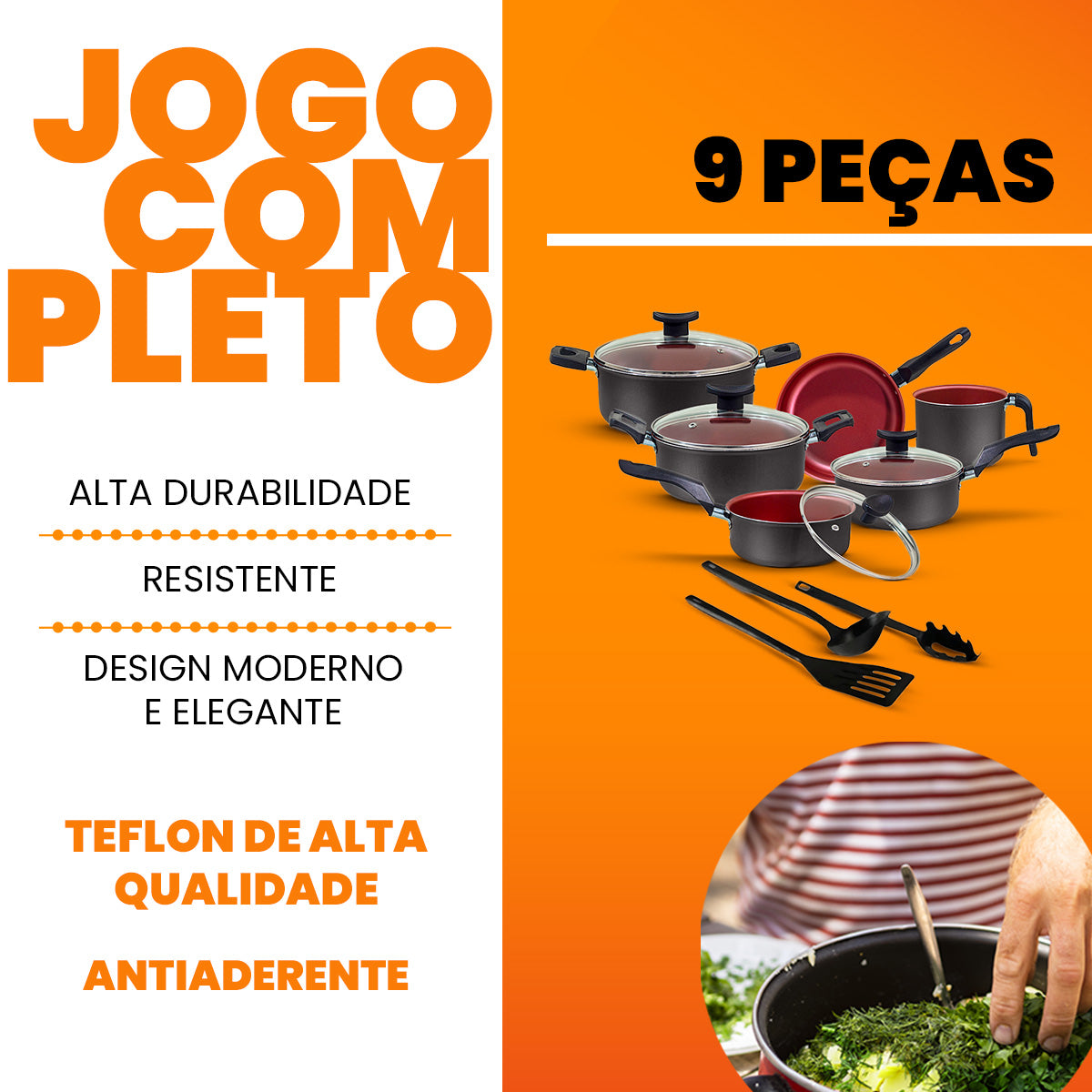 Jogo de Panelas Antiaderente 9 Peças - Preto com Cereja