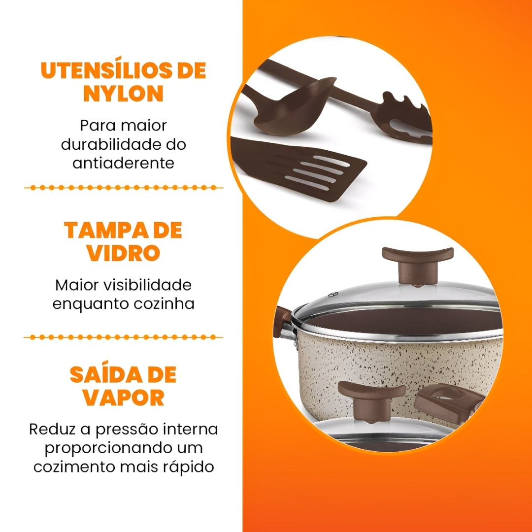 Jogo de Panelas Antiaderente 10 Peças - Linha Coffee - Cappuccino