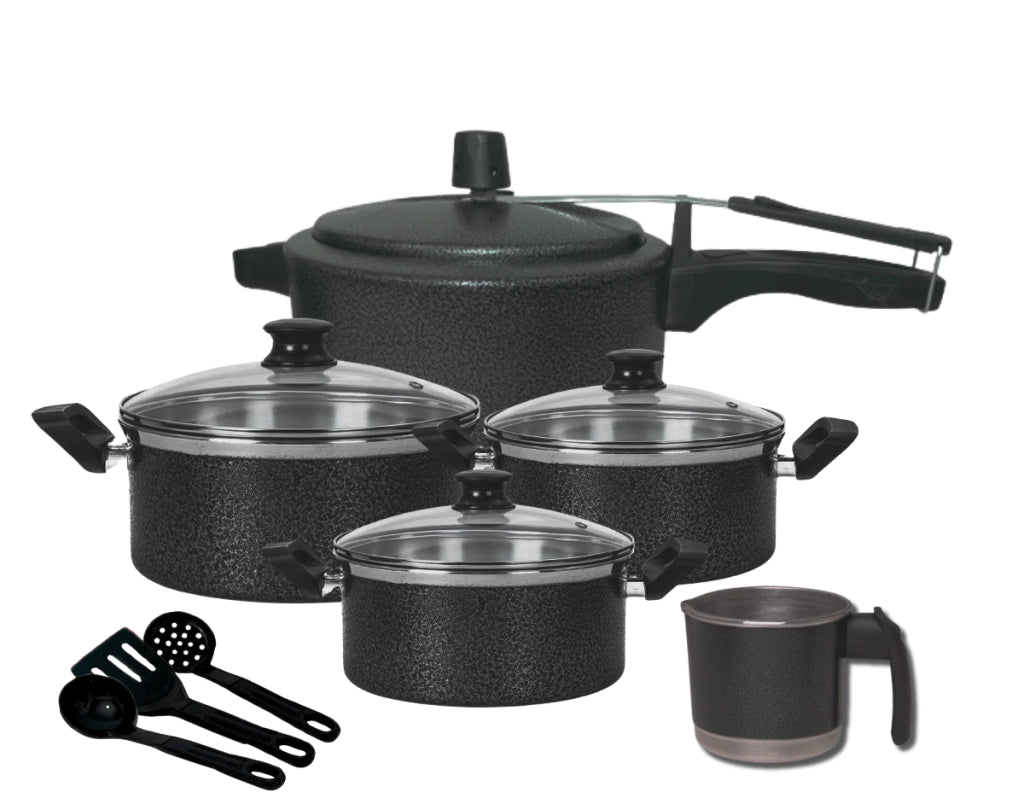 Jogo Conjunto Panelas Alumínio Reforçado Tampa de Vidro 8 peças com Panela de Pressão