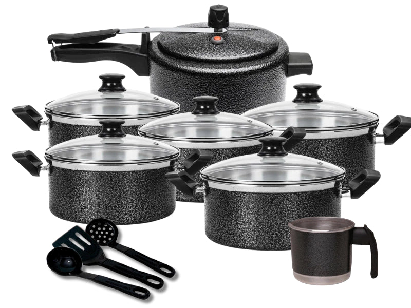 Kit 10 Peças Jogo de Panelas Conjunto Pressão Leiteira e Talhares Alumínio Extra Forte Tampa de Vidro